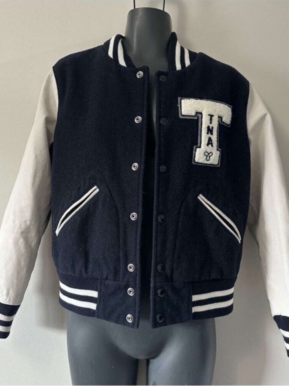 TNA Varsity Jacket Black and White Classic Style Wool and Leather Size Medium